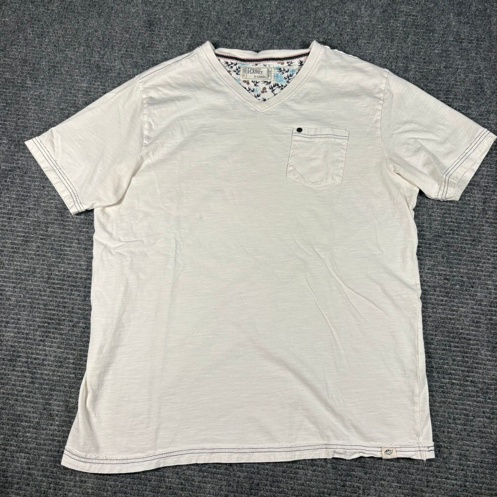 Free Planet T-Shirt Mens XL Cream Excellent V-Neck Organic Cotton Slub Pocket
